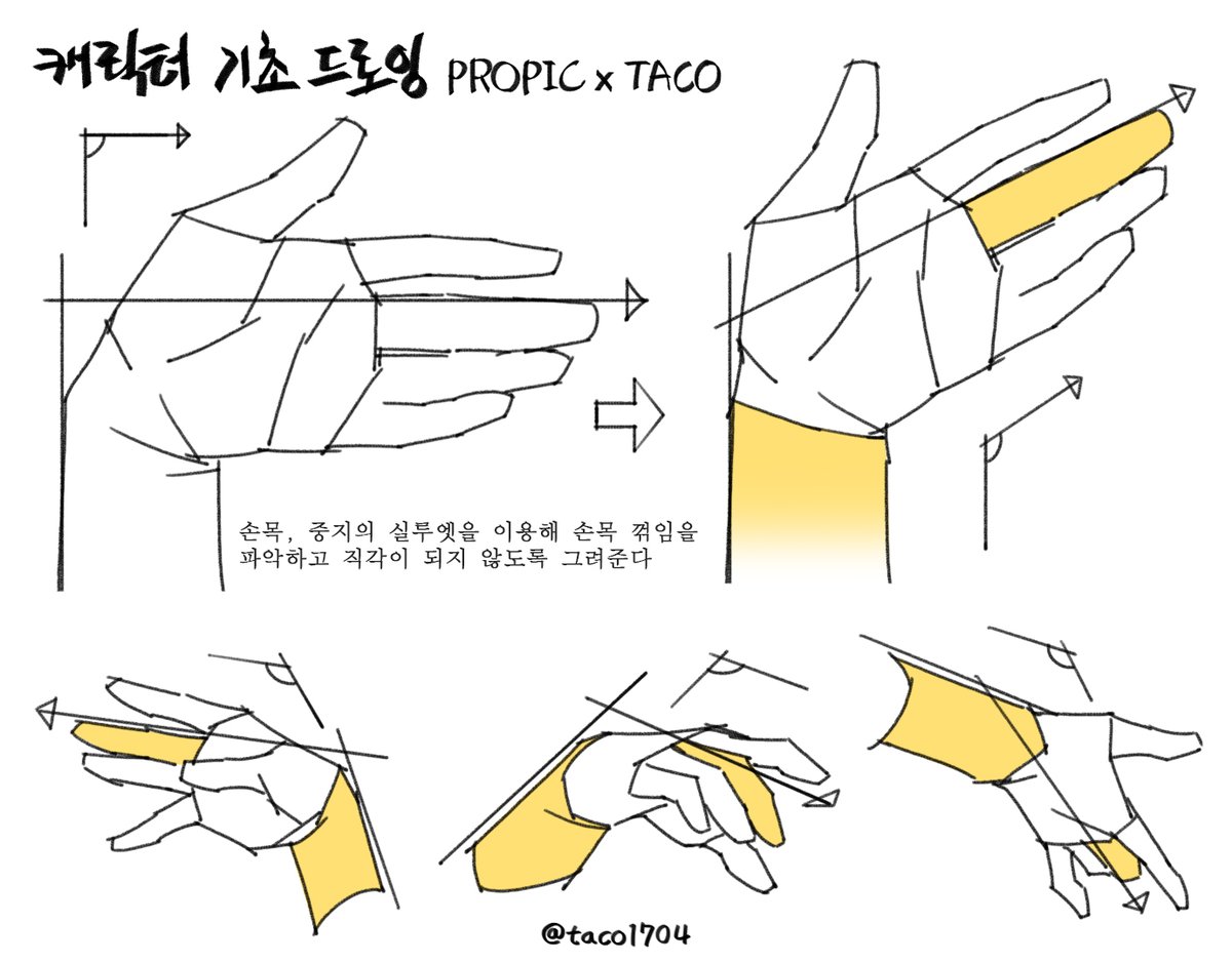 taco1704's tweet photo. 손목과 중지 실루엣 기울기를 이용해 꺾임을 파악하고 직각이 되지 않도록 그린다 https://t.co/3jaELlfYSc