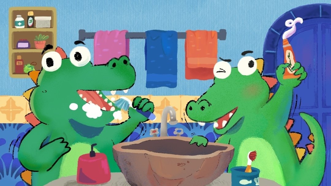 Even crocodiles need to keep their teeth clean 🐊🪥💧 #kidlitart #ArtistOfIndonesia #kidlit #childrenbook #childrenbookillustrator #artidn