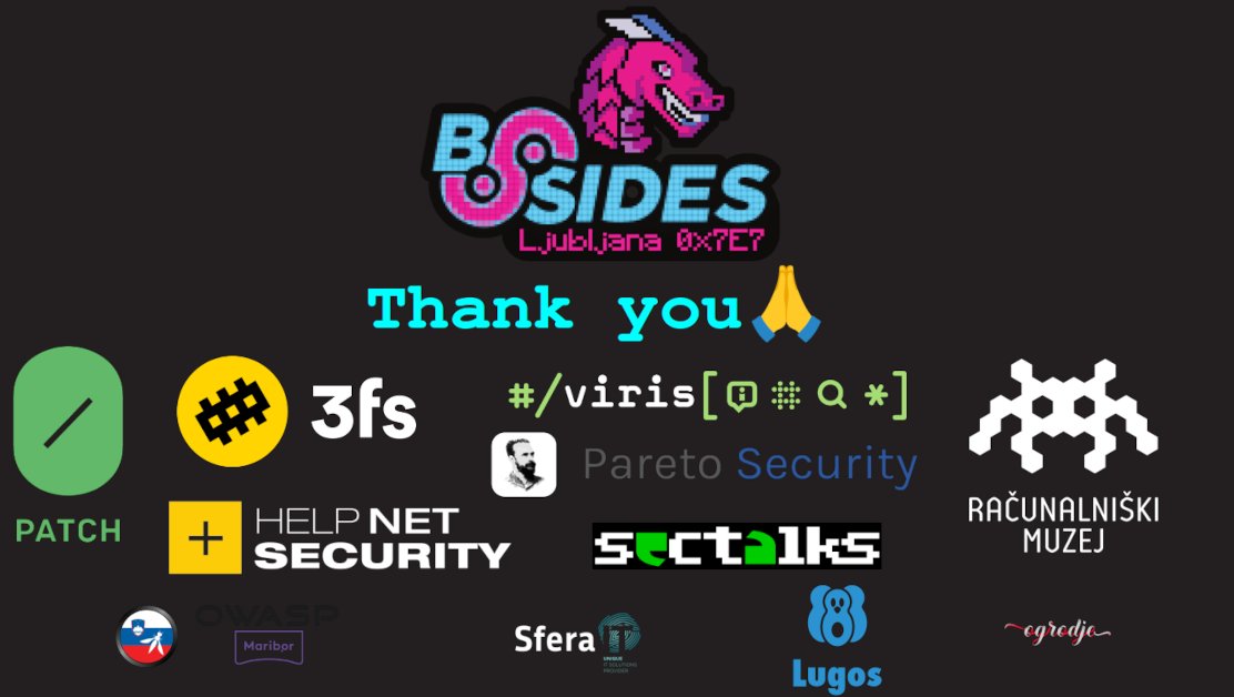 BSides Ljubljana (@bsidesljubljana) on Twitter photo Quick reminder that #BSidesLjubljana satisfaction survey is still open. We will publish video on presentation slides soon. Once again thank you for participating and thank you <a href="/ParetoSecurity/">Pareto Security</a> <a href="/0patch/">0patch</a> <a href="/3fs/">3fs</a> <a href="/TeamViris/">TeamViris</a> <a href="/helpnetsecurity/">Help Net Security</a> <a href="/muzej/">Računalniški muzej / Computer History Museum 🇸🇮</a> for making everything possible. Quick reminder that #BSidesLjubljana satisfaction survey is still open. We will publish video on presentation slides soon. Once again thank you for participating and thank you <a href="/ParetoSecurity/">Pareto Security</a> <a href="/0patch/">0patch</a> <a href="/3fs/">3fs</a> <a href="/TeamViris/">TeamViris</a> <a href="/helpnetsecurity/">Help Net Security</a> <a href="/muzej/">Računalniški muzej / Computer History Museum 🇸🇮</a> for making everything possible.