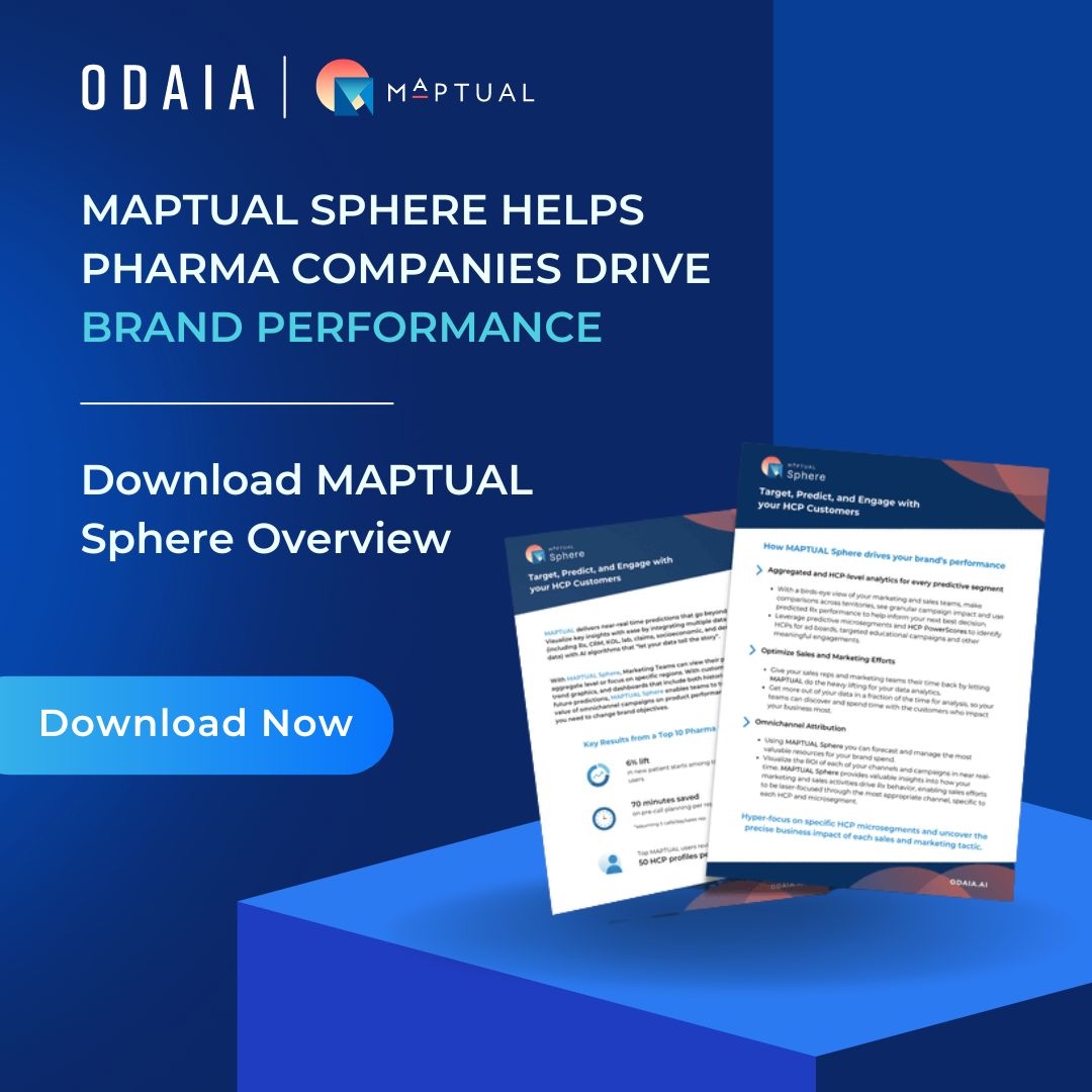 How MAPTUAL Sphere drives your #brandperformance:
✔️ Aggregated and #HCP-level #analytics for every #predictive segment
✔️ Optimize #Sales and #Marketing Efforts
✔️ #Omnichannel Attribution

Learn more about MAPTUAL Sphere: odaia.ai/resource-hub