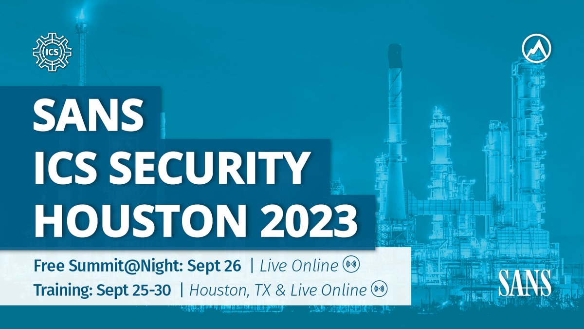 SANSICS's tweet photo. The 2023 SANS #ICSHouston brings together leading experts from the #ICS / #OT community to share current approaches, tools, and techniques for an evening of highly technical talks at Summit@Night this September!

➡️ Learn more: https://t.co/zcsXB4QVkm

#SANSICS https://t.co/NaJiMGe7DQ