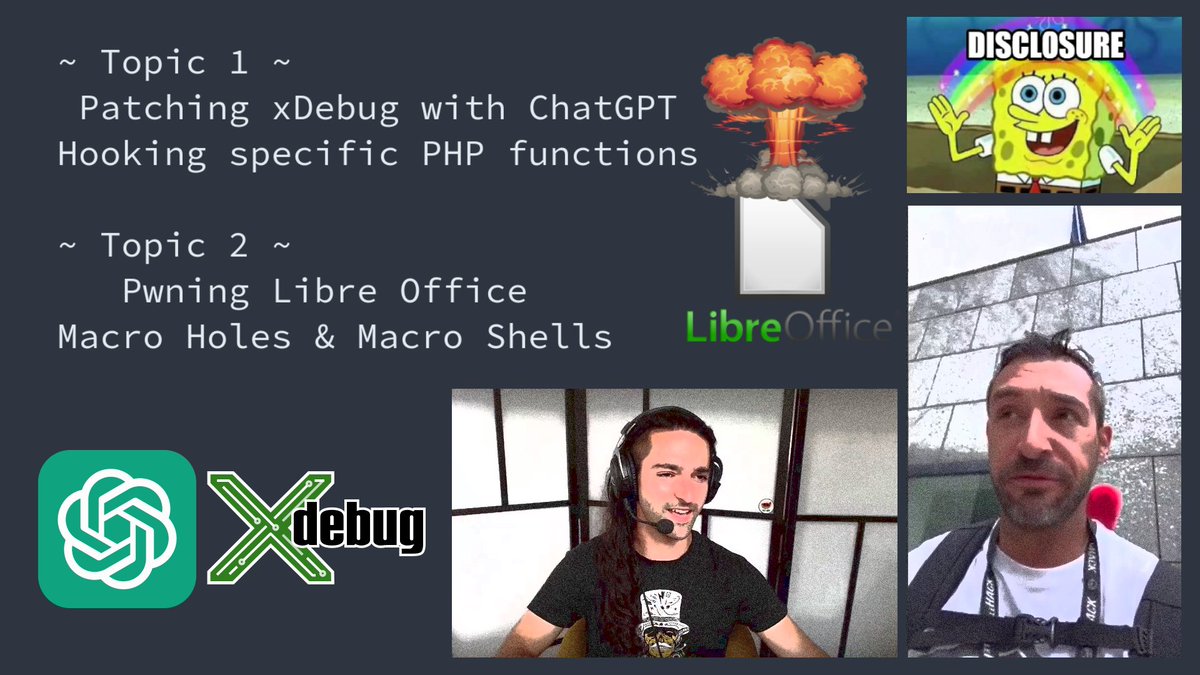 TheLaluka's tweet image. Hi friendz ! 🧙‍♂️

La reprise des stream c&apos;est ce Mardi 4 Juillet ! 🔥

Au programme :
- Patching xDebug with ChatGPT | Hooking specific PHP functions by @TheLaluka
  - Pwning Libre Office | Macro Holes &amp;amp; Macro Shells by @Icare1337

A très vite ! 😎🛠️
twitch.tv/thelaluka