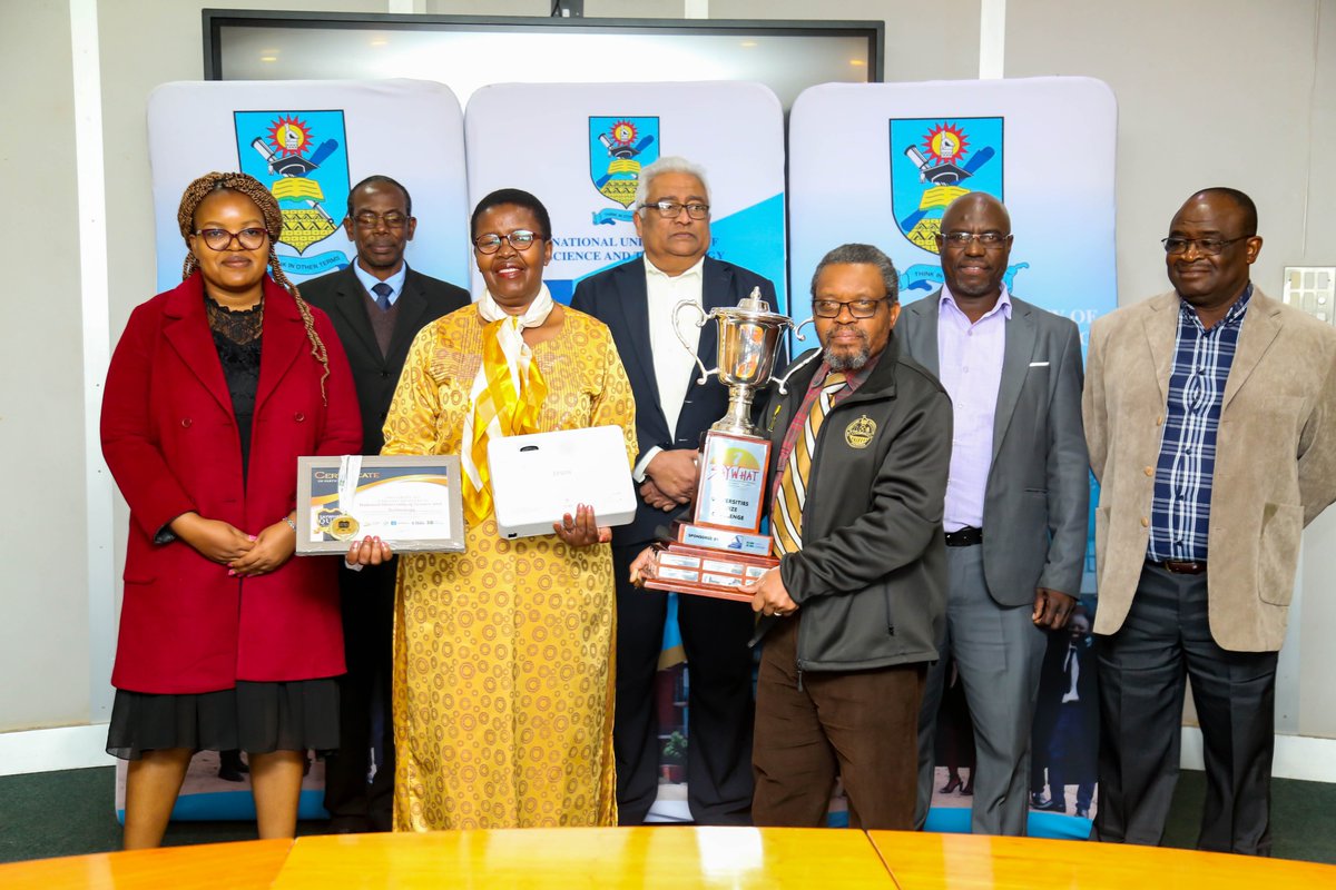 NUST Students Zandile Mlilo and Henry  Phiri were yesterday honoured with various prizes for winning a national quiz funded by SAYWHAT. Prizes including scholarships and laptops were handed over by University Chairperson Prof Lindiwe Majele-Sibanda. NUST also received prizes.