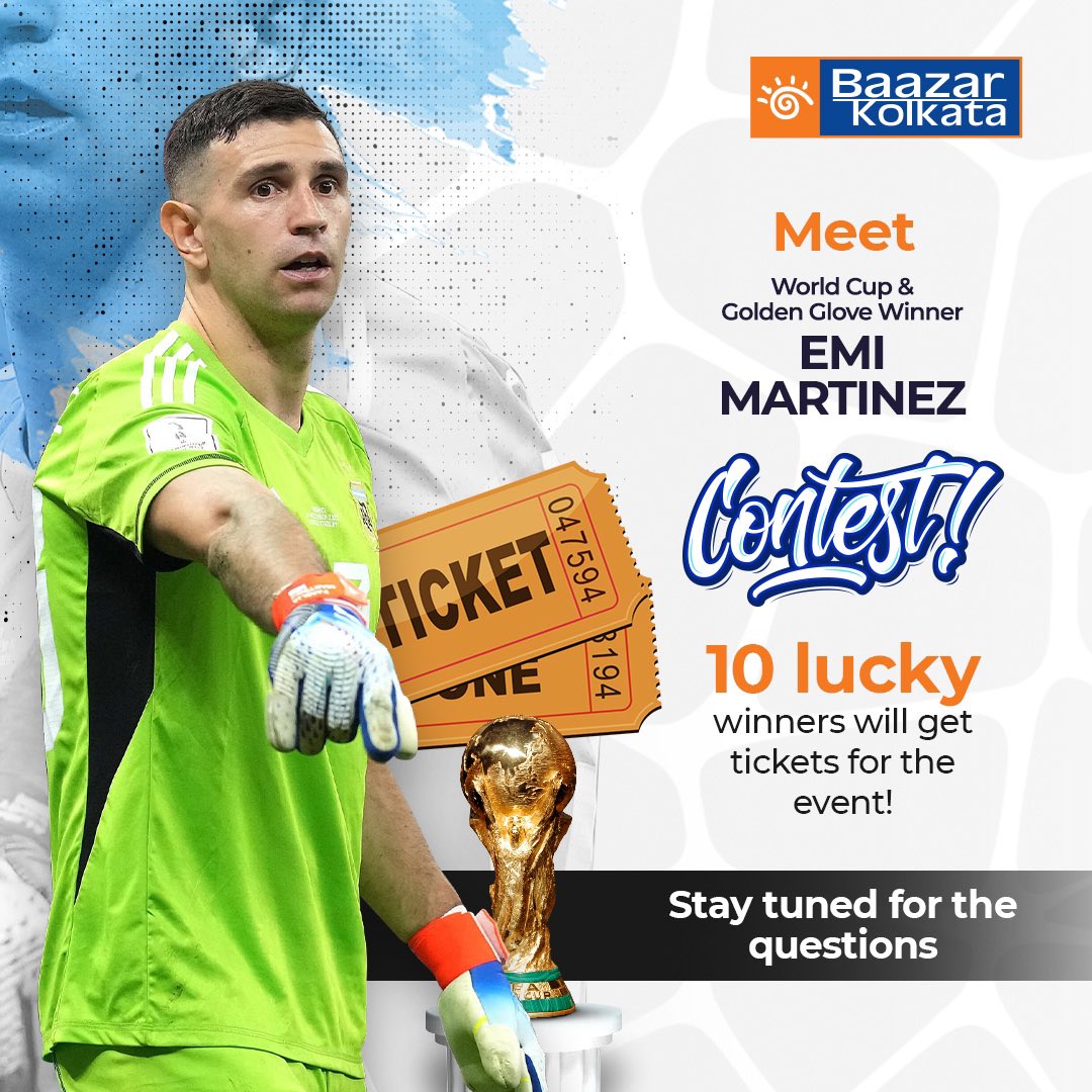 BaazarKolkata's tweet photo. #ContestAlert
World-cup winner Emiliano Martinez in Kolkata!
Get ready for the football fever as he explores our city!
Participate in Meet Emi Martinez contest for a chance to meet him!
Stay tuned for questions!

#BaazarKolkata #contest #contestgiveaway #contesttime #contestindia https://t.co/43NmFRK2DO
