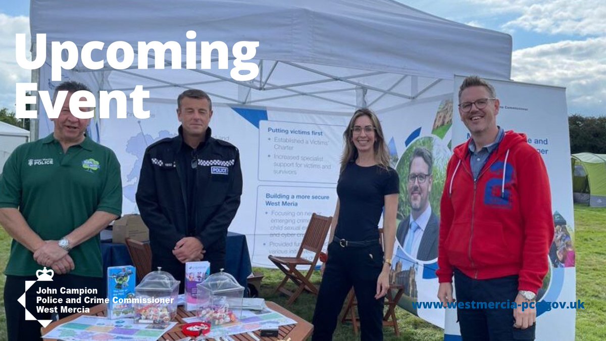 Are you visiting @hanburyshow on Saturday 1 July? If you are, come and say hi! Deputy PCC @Mbayliss14 and members of the PCC team will be there to talk to you about policing in your area and how the PCC is building a more secure West Mercia. #SaferWestMercia #WestMercia #Events