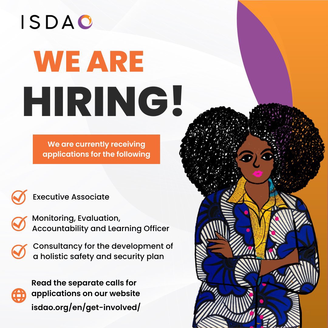 ISDAOSankofa's tweet photo. 📢 We are only 3 days away from the deadline for sending in applications for these full time and consultancy opportunities at #ISDAO.
Please share widely! Link: https://t.co/YeIft5XSxL #FeministOpportunties #feministjobs https://t.co/glxBdrv4bI