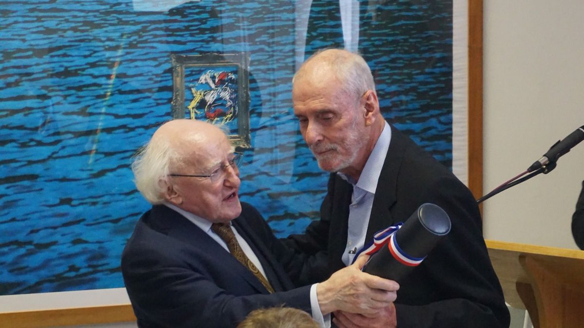 PresidentIRL's tweet photo. On Wednesday evening, President and Sabina Higgins attended a special ceremony at the @ChileinIreland Embassy to recognise the humanitarian work in favour of the dispossessed and for human rights in Chile by Fr Desmond Forde, Fr Brendan McGillycuddy and the late Fr Liam Holohan https://t.co/UxcYIxeSdz