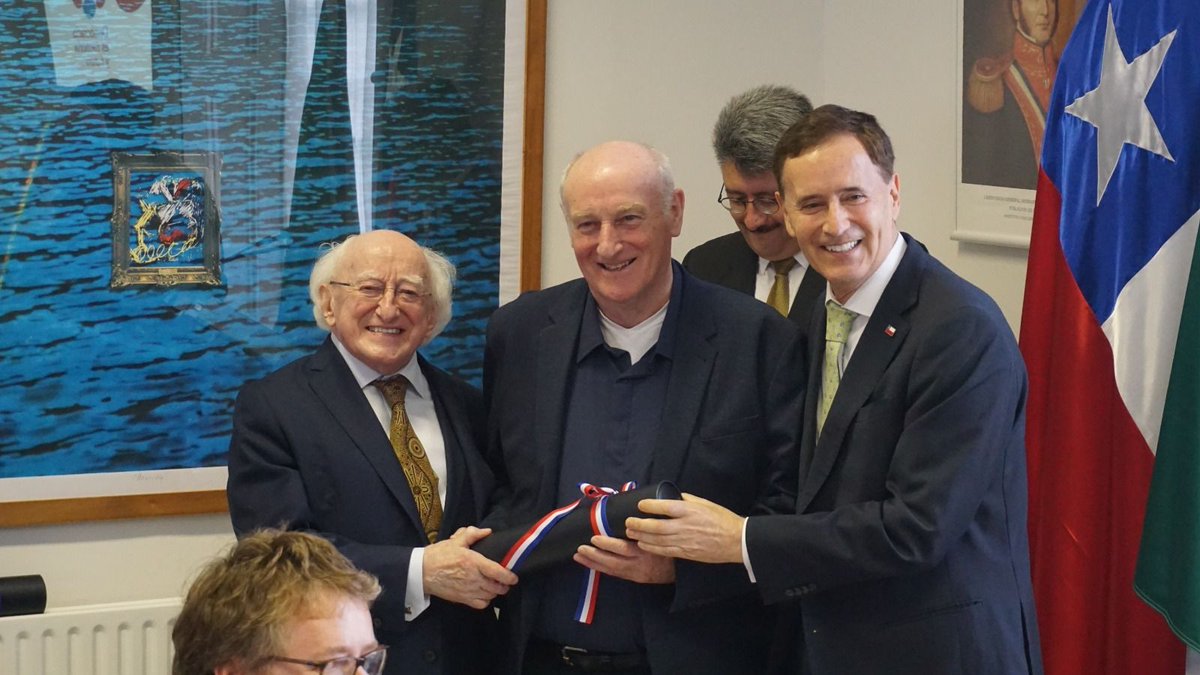 PresidentIRL's tweet photo. On Wednesday evening, President and Sabina Higgins attended a special ceremony at the @ChileinIreland Embassy to recognise the humanitarian work in favour of the dispossessed and for human rights in Chile by Fr Desmond Forde, Fr Brendan McGillycuddy and the late Fr Liam Holohan https://t.co/UxcYIxeSdz