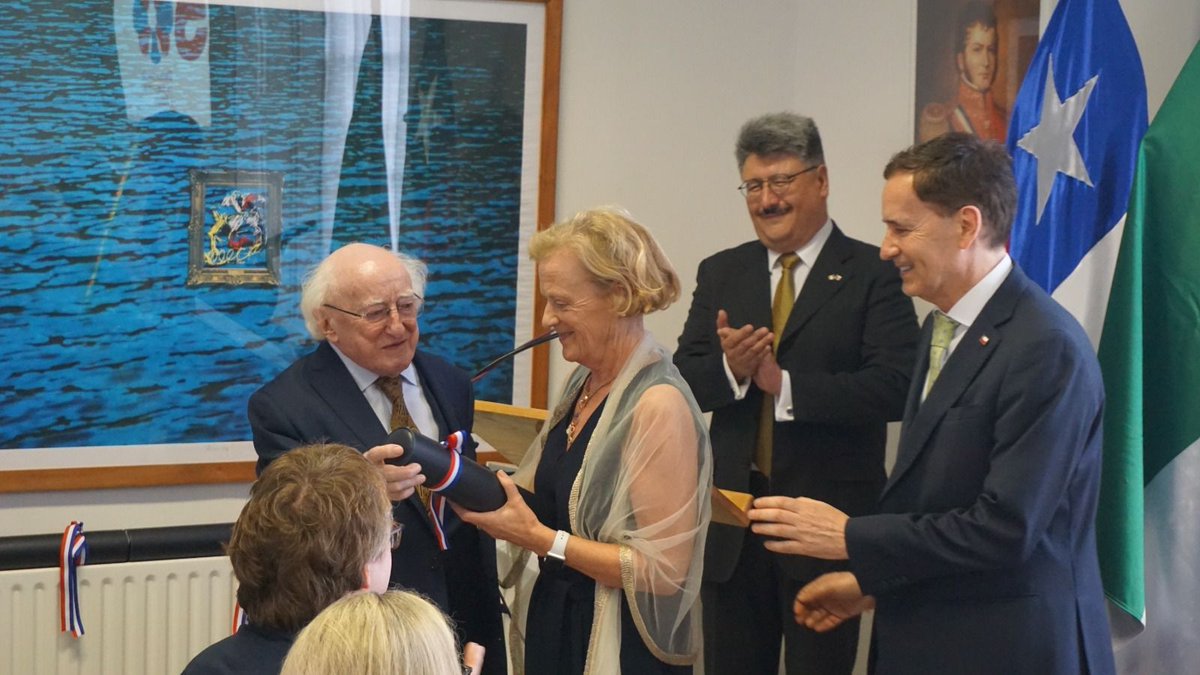 PresidentIRL's tweet photo. On Wednesday evening, President and Sabina Higgins attended a special ceremony at the @ChileinIreland Embassy to recognise the humanitarian work in favour of the dispossessed and for human rights in Chile by Fr Desmond Forde, Fr Brendan McGillycuddy and the late Fr Liam Holohan https://t.co/UxcYIxeSdz