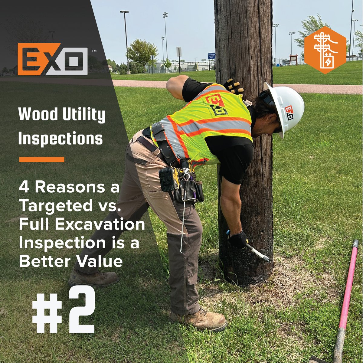#2 One Skillful Inspector
Exo Targeted treatments reduces the required crew from 5 employees to 1 skilled inspector. This is good news for the utility and the customer. Full Excavation methods require 4 less skilled employees digging holes, treating, and covering holes.