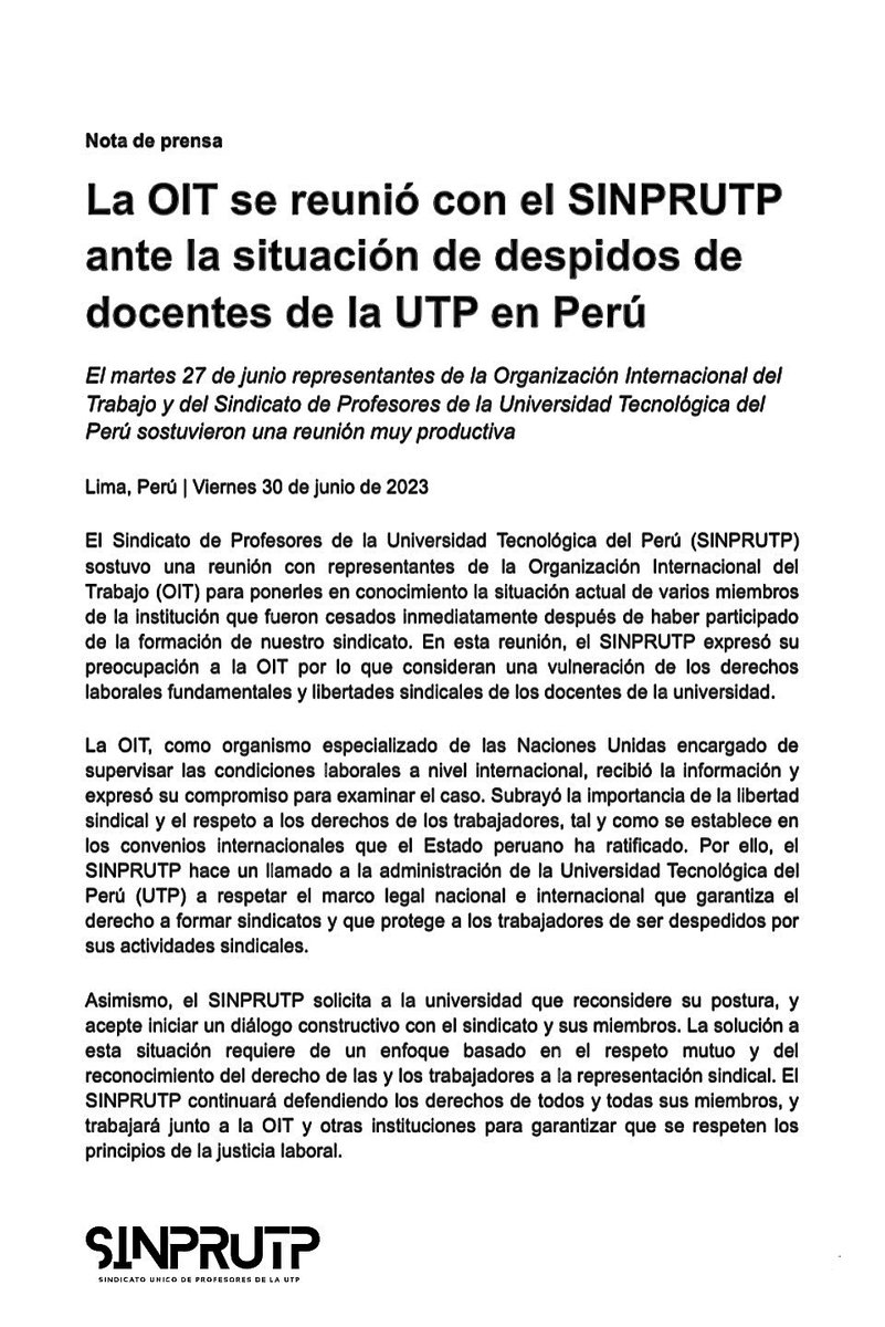 sinprutp's tweet photo. 🔴 #NOTADEPRENSA Nos reunimos con @OITnoticias @OITAndina @ilo para ponerles de conocimiento nuestra difícil situación. La #OIT se comprometió a darle seguimiento a nuestro caso. Esperamos que la #UTP reconsidere su postura y acepte el inicio del diálogo 🙌🏼 #sinprutp #ILO #MTPE https://t.co/Nm7cqAjZmk
