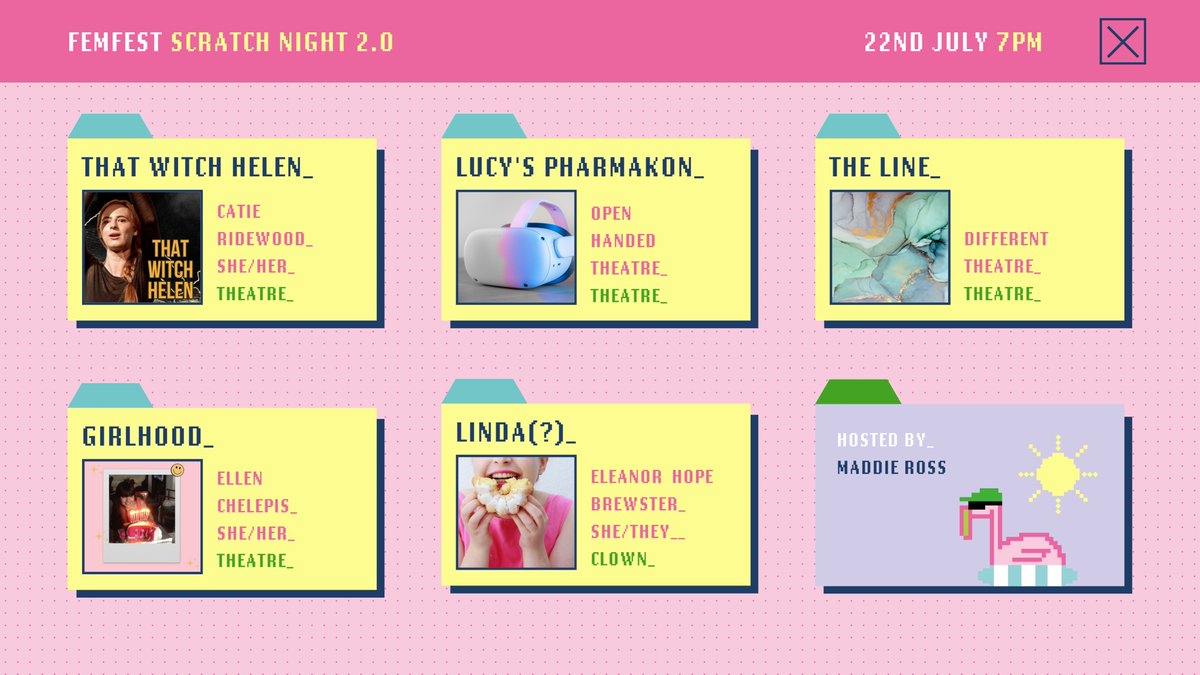 ⛱🍉 guys! gals! non-binary pals! we are STOKED to share the line up for our upcoming FemFest Scratch Night 2.0 - a night for artists to try out extracts of new work in a supported space. 🍉⛱ 🎟femfestbrighton.co.uk/tickets @catieridewood @DiffTheatre @ellenchelepis #brighton