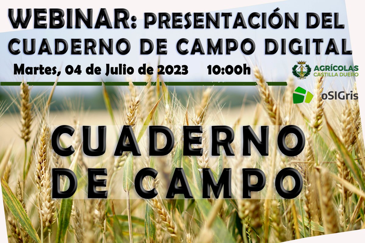 COITA Castilla-Duero (@coita_duero) on Twitter photo WEBINAR GRATUITO: Presentación del CUADERNO DE CAMPO DIGITAL. Martes, 4 de Julio de 2023. Hora:10:00. Sólo para Colegiados.
Adquisición/Uso: Precios especiales para colegiados.
Limite inscripciones hasta lunes 03 de julio, incluido.
Datos: stecnica.castilladuero@agricolas.org WEBINAR GRATUITO: Presentación del CUADERNO DE CAMPO DIGITAL. Martes, 4 de Julio de 2023. Hora:10:00. Sólo para Colegiados.
Adquisición/Uso: Precios especiales para colegiados.
Limite inscripciones hasta lunes 03 de julio, incluido.
Datos: stecnica.castilladuero@agricolas.org