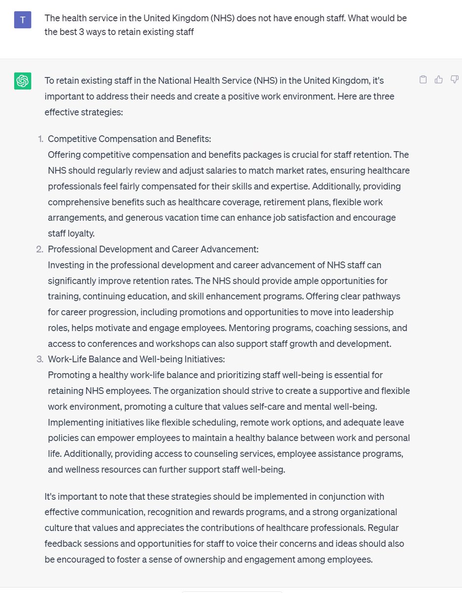 <a href="/SteveBarclay/">Steve Barclay</a> Seems light on *how* NHS will go about retaining the existing workforce (&amp; in fairness so is <a href="/wesstreeting/">Wes Streeting</a> <a href="/UKLabour/">The Labour Party</a>)

Glad to see 
◉ Greater tech use
on your list. 

I know you are a fan of AI, see what <a href="/OpenAI/">OpenAI</a> says the answer is (have a good read of para 1) 👍#PayRestoration