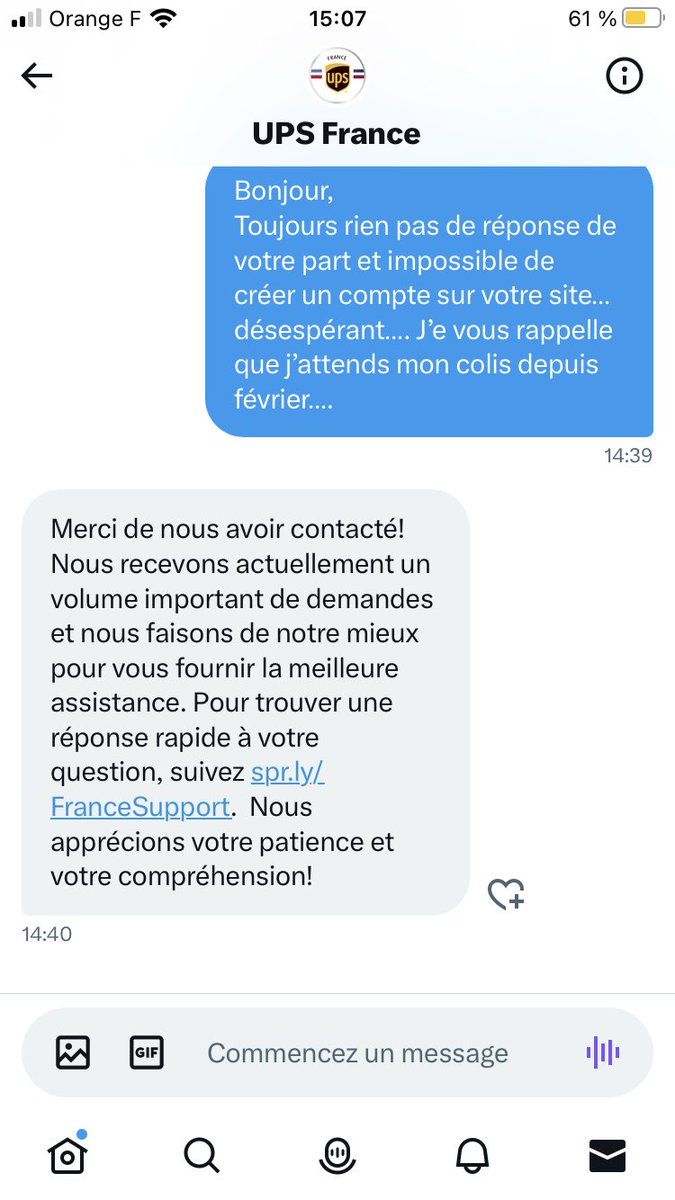 Avez-vous déjà vu une entreprise aussi méprisante qu’⁦<a href="/UPS/">UPS</a>⁩ vis-à-vis de ses clients ? Leurs équipes ont perdu mon colis en février, et à part un appel d’une collaboratrice qui m’a promis « une enquête », pas de réponse malgré des relances…. Inadmissible ! Les éviter !!!
