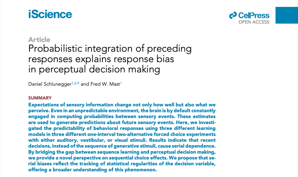 SchluneggerD's tweet photo. 1/4 Probabilistic integration of preceding responses explains response bias in perceptual decision making

Very excited to share our latest research published in @iScience_CP 

with Fred Mast @FantasyRealPerc 

Paper: https://t.co/EXbWEW46lI
R Code &amp; Data: https://t.co/A4HrxOkQWj https://t.co/mGYqLKQfhf