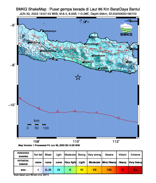 #Gempa (UPDATE) Mag:6.4, 30-Jun-23 19:57:43 WIB, Lok:8.63 LS, 110.08 BT (Pusat gempa berada di Laut 86 Km BaratDaya Bantul), Kedlmn:25 Km Dirasakan (MMI) IV Kulonprogo, IV Nganjuk, IV Kebumen , IV Ponorogo, III - IV Kediri, III Mojokerto #BMKG