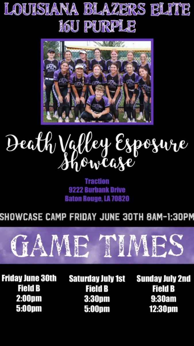 Come watch me and my team play this weekend at the Death Valley Showcase! <a href="/LSUEBengalsSB/">LSUE Softball</a> <a href="/LATechSB/">LA Tech Softball</a> <a href="/LionUpSoftball/">Southeastern Softball</a> <a href="/EMCC_SBALL/">EMCC_SB</a> <a href="/SouthernMissSB/">Southern Miss Softball</a> <a href="/CoachMeeks_PRCC/">Christie Meeks</a> <a href="/SouthAlabamaSB/">South Alabama Softball 🥎</a> <a href="/RaginCajunsSB/">Louisiana Ragin' Cajuns® Softball</a> <a href="/LSUsoftball/">LSU Softball</a> <a href="/BlaZerelitemain/">LouisianaBlazersEliteMain</a>