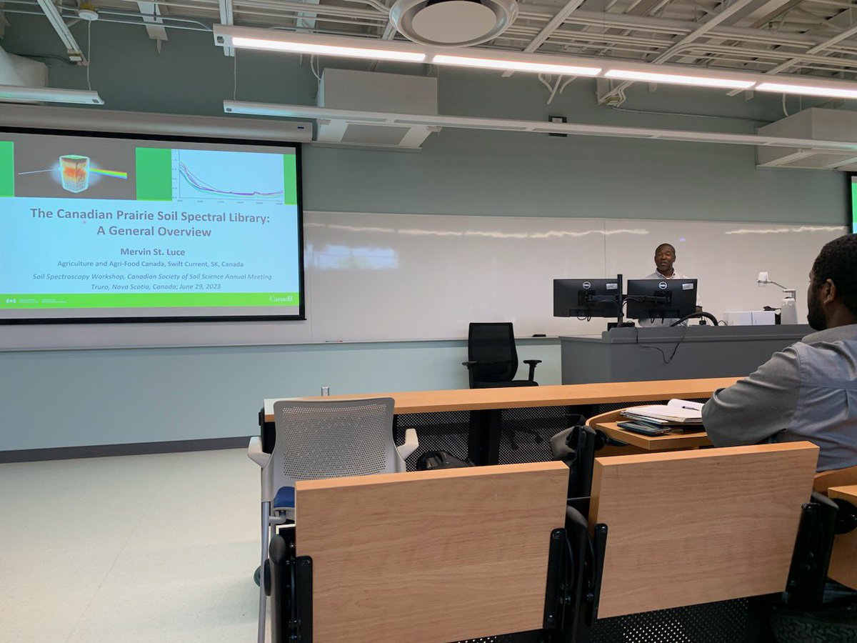 Mervin_StLuce's tweet photo. It was great to be at the @CSSS_Soils meeting where I presented on our Canadian Prairie Soil Spectral Library project. Special thanks to @westerngrains and @SaskWheat for funding, and many collaborators for their involvement and support. #soilspectroscopy @AAFC_Canada https://t.co/zFvAq7fh2l