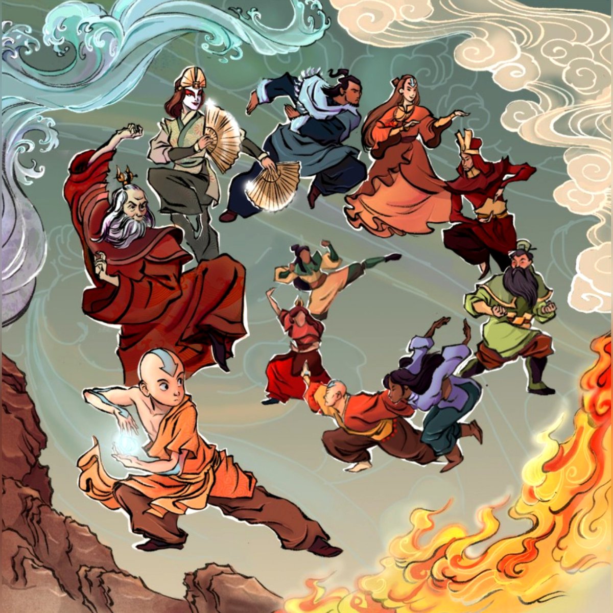 A cycle of past avatars leading up to Aang