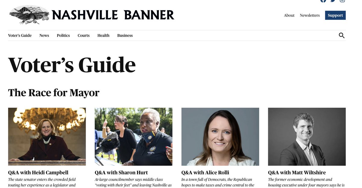 NEW from the Banner:

A new website and our Voter's Guide to the Aug. 3 elections.

We've got mayoral Q&amp;As, video interviews, issue stories, ad stories, daily coverage, profiles of almost every district and at-large candidate and more.

nashvillebanner.com/homepage/vote/
