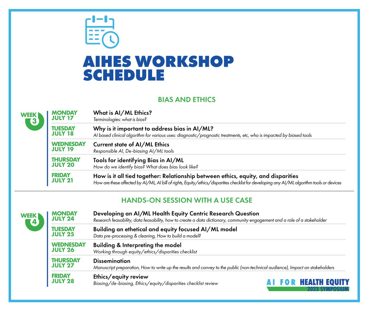 AIM_AHEAD's tweet photo. Thanks to all of our excellent speakers and panelists at #AIHES2023! Join us virtually for more fascinating conversations on #AI/#ML and #HealthEquity in our July workshops! It's not too late to sign up. Register now for free and save your spot!
https://t.co/QZSpWznYgs https://t.co/2ZhwegS3MV