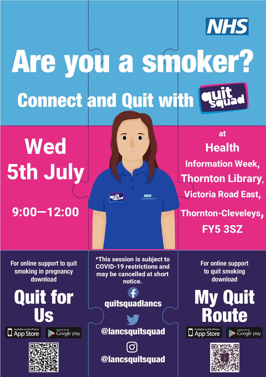 JenQuitSquadNL's tweet image. #ConnectWithQuitSquad next week at @LancashireCC &apos;s #HealthInformationWeek at #ThorntonLibrary! 

Advisor Clare will be there Wed 5th July all morning.

Come by and how you can increase your chances of quitting x 3 with support from @LancsQuitSquad ⭐⭐⭐️