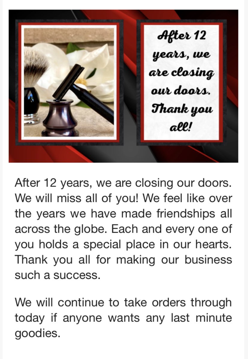 We are closing our doors today. 

@badgerandblade @vintage_gentlemen @gillettecollector <a href="/vintageshave/">Chris Dickerson</a> @vintage_head_shaver @classicshaver <a href="/mantic59/">mantic59</a> @sig_solo @wetshavingproducts @wetshavers @wetshaveviking <a href="/stirlingsoap/">Stirling Soap Co.</a> @ezraarthur <a href="/sloppybadger/">sloppybadger</a> 

abovethetie.com