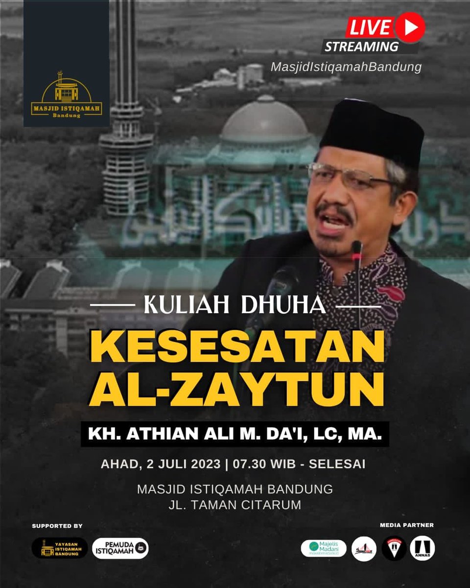 KESESATAN AL ZAYTUN

Kuliah Dhuha bersama Ust. Athian Ali.

Ahad 2 Juli 2023
Masjid Istiqamah Bandung
Mulai pukul 07.30 WIB

Kerjasama Yayasan Istiqamah Bandung, Annas, Jundullah Annas
Media Partner :
<a href="/ITJBandung/">🇮🇩IG: ITJBdg🇵🇸</a>
<a href="/majelis_madani/">Majelis Madani</a>

Live stream: masjidistiqamahbandunbg