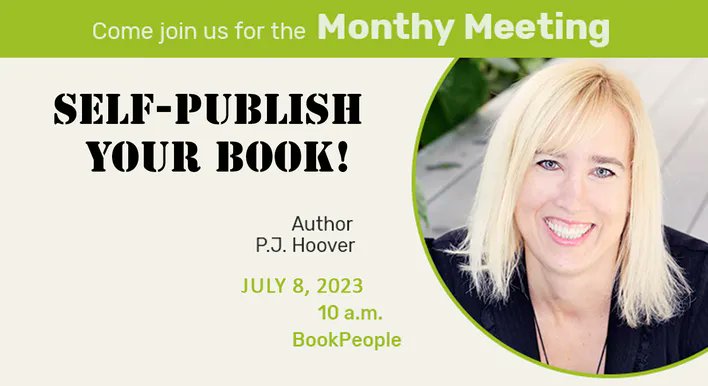 Join us at <a href="/BookPeople/">BookPeople</a>  for our July monthly meeting where <a href="/pj_hoover/">PJ Hoover</a> will help you understand why you should consider self-publishing and what you need to know to get your book out there! #kidlit #scbwi scbwi.org/events/monthly…