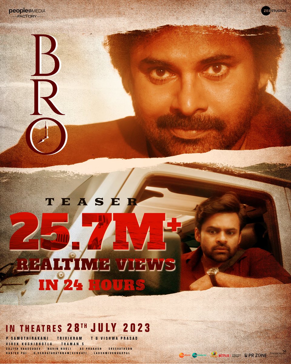peoplemediafcy's tweet photo. Blockbuster #BroTeaser has left everyone engrossed 🤩

25.7M+ Realtime views in 24hrs & Trending 💥

🔗https://t.co/Jsshc1rncE

@PawanKalyan @IamSaiDharamTej @thondankani @MusicThaman @vishwaprasadtg @vivekkuchibotla @lemonsprasad @SVR4446 @neeta_lulla  @ZeeStudios_ @zeestudiossouth

#BroTheAvatar
#BROFromJuly28