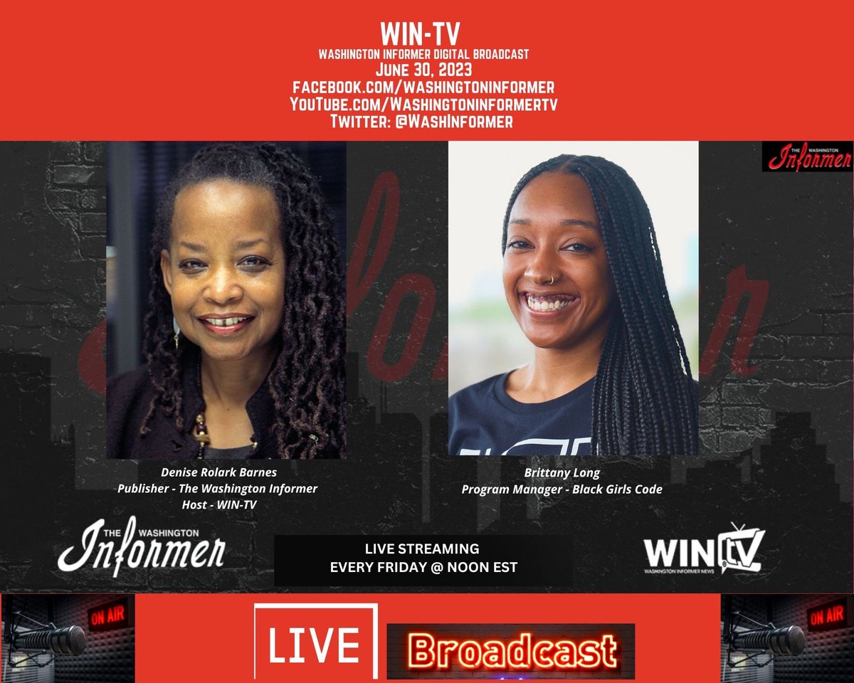 BlackGirlsCode's tweet image. Check out our Program Manager Brittany Long's live interview on WinTV today at noon ET. Denise Rolark Barnes, publisher of the Washington Informer, will talk with Brittany about our upcoming Summer Camp starting July 10th in Washington, DC! #codingforkids #codingforbeginners