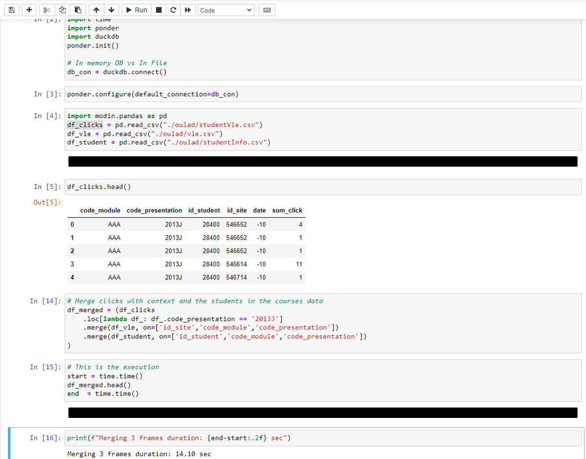 Trying out <a href="/ponderdata/">Ponder</a> on our #OULAD student dataset to merge 3 tables of student clicks using method chaining ( <a href="/__mharrison__/">Matt Harrison</a> ). Probably have low memory, but could not force the code to finish the whole dataset merge.