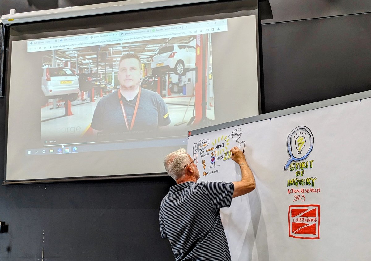 GlynRogers's tweet photo. We're hearing all about the impact of action research with a very cool intro video. I love the live sketch noting #CGPLDays #SpiritofInquiry  @coleggwent https://t.co/NtouMkPEfp