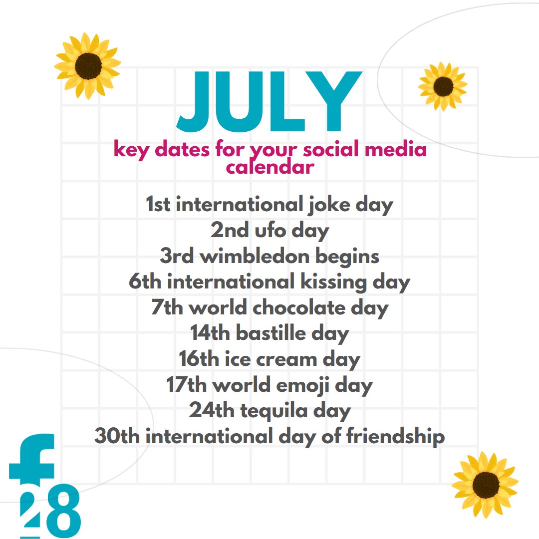 Key dates for your social media diary ✨

#socialmediamanagement #smm #keydates #socialmediadates #socialmediacalendar #julydates #july2023 #summer2023 #digitalmarketing #socialmediastrategy #contentideas #function28