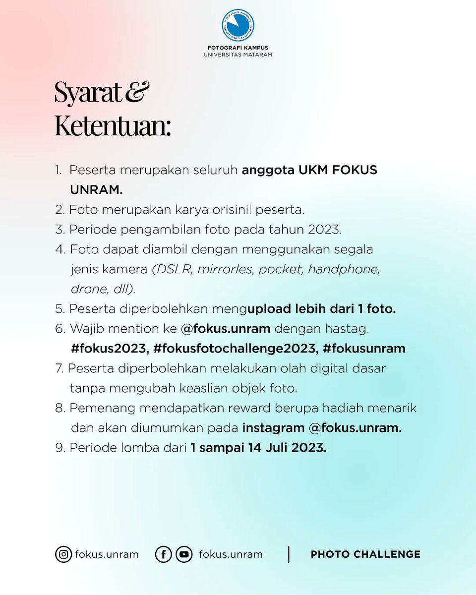 fokus_unram's tweet photo. [Photo Challenge ]

Photo challenge out here guys. Yuk ikuti  Photo Challenge yang bertema "Framing". Untuk syarat dan ketentuan langsung aja swipe ke slide berikutnya.

"Tetap semangat dalam berkarya"

Salam Fotografi!!!
FOKUS!!

#fokusunram #photochallange https://t.co/lf8Smbkw5B