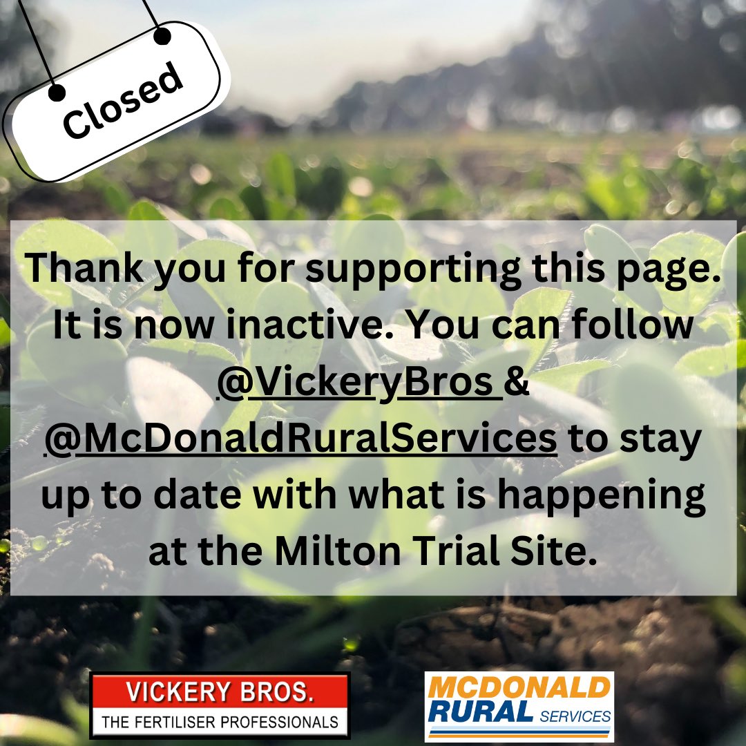 MiltonSite's tweet photo. Thank you to everyone for supporting this page. It is now inactive. If you would like to stay up to date with what is happening at the Milton Trial Site, follow Vickery Bros. and McDonald Rural Services for all the latest news and updates. #VickeryBros #McDonaldRuralServices https://t.co/UHW21qzcb5