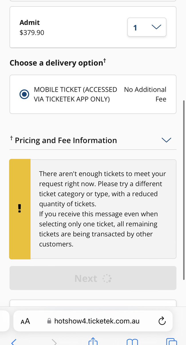 clayeman's tweet photo. @a_dzyj @Ticketek_AU Even better when you selected an available reserve, then got this.
Only go deal with dreadful page resolving times.

Then kicked back into lounge as “you” took more than 4 minutes to purchase.

Imagine having to type in payment details 🤣 https://t.co/zuTyOkhRO9