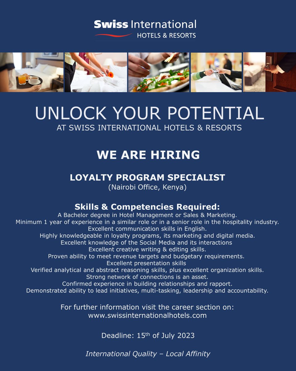 SwissintHotels's tweet photo. Swiss International Hotels &amp; Resorts is currently hiring to be based at its office in Nairobi.
See more: https://t.co/v4nE9JnfVA
#careers #swissinternationalhotels #hospitalityindustry #recruitmentKE #careersKE #kenyaopportunites #jobsinkenya #ikokaziKE #hoteldistribution https://t.co/GB2iOOMzvd