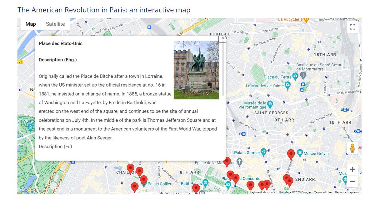 EllenHampton's tweet photo. A new interactive map is up on the #DAR 
Rochambeau Chapter website: 45 sites in #Paris tied to the #AmericanRevolution, with brief descriptions in 🇺🇸 and 🇫🇷. Go for a tour! https://t.co/UeOyXGLnab @AmRevInstitute @AmRevMuseum @TodaysDAR @SarHeadquarters https://t.co/NzqPfKhUrM