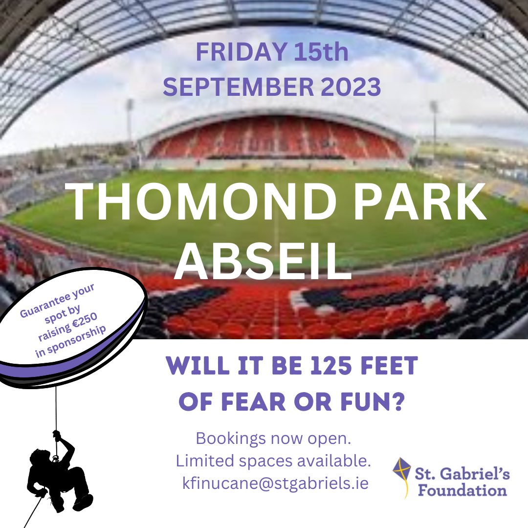 St. Gabriel's Foundation (@stgabrielsfoun) on Twitter photo Get your gang back together after Summer break with a 125ft abseil! 🗓️Friday, September 15th <a href="/thomondstadium/">Thomond Park Stadium</a> #fearorfun #limitedspaces BOOK: kfinucane@stgabriels.ie Get your gang back together after Summer break with a 125ft abseil! 🗓️Friday, September 15th <a href="/thomondstadium/">Thomond Park Stadium</a> #fearorfun #limitedspaces BOOK: kfinucane@stgabriels.ie