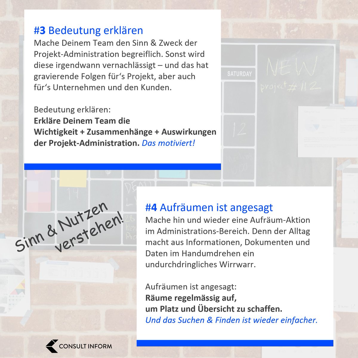 Consultinform's tweet photo. Administrative Projektaufgaben sind nicht immer so beliebt. Doch es geht auch anders - die Devise lautet:
𝗚𝗲𝘀𝘁𝗮𝗹𝘁𝗲𝗻 𝘀𝘁𝗮𝘁𝘁 𝘃𝗲𝗿𝘄𝗮𝗹𝘁𝗲𝗻

Die 𝟱 𝗧𝗶𝗽𝗽𝘀 möchten Euch Inspiration geben, die #Projekt-#Administration (anders) zu gestalten. 
💪Los geht's!

#Tipps https://t.co/8K1be4icOk