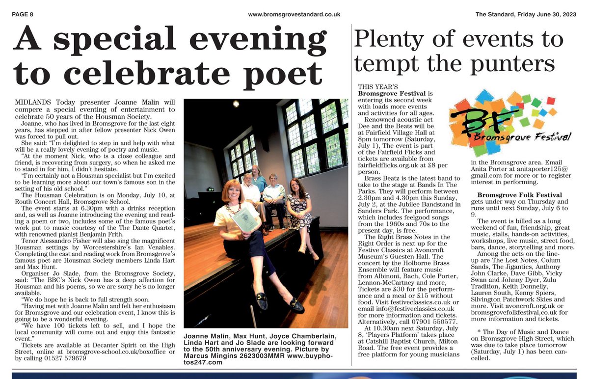 Housman Society (@housmansoc) on Twitter photo We're so delighted that <a href="/bbcmtd/">BBC Midlands</a> presenter <a href="/Joannemalin7/">Joanne Malin</a> will compere our Housman Celebration on Monday 10th July <a href="/BromsSchool/">Bromsgrove School</a>
With <a href="/DanteQuartet/">Dante Quartet</a> Benjamin Frith piano and Alessandro Fisher tenor performing <a href="/ComposerIan/">Ian Venables</a> Venables and <a href="/RVWSociety/">Ralph Vaughan Williams Society #RVW</a> settings
<a href="/BromStandard/">Bromsgrove Standard</a> <a href="/BBCRadio3/">BBC Radio 3</a> We're so delighted that <a href="/bbcmtd/">BBC Midlands</a> presenter <a href="/Joannemalin7/">Joanne Malin</a> will compere our Housman Celebration on Monday 10th July <a href="/BromsSchool/">Bromsgrove School</a>
With <a href="/DanteQuartet/">Dante Quartet</a> Benjamin Frith piano and Alessandro Fisher tenor performing <a href="/ComposerIan/">Ian Venables</a> Venables and <a href="/RVWSociety/">Ralph Vaughan Williams Society #RVW</a> settings
<a href="/BromStandard/">Bromsgrove Standard</a> <a href="/BBCRadio3/">BBC Radio 3</a>