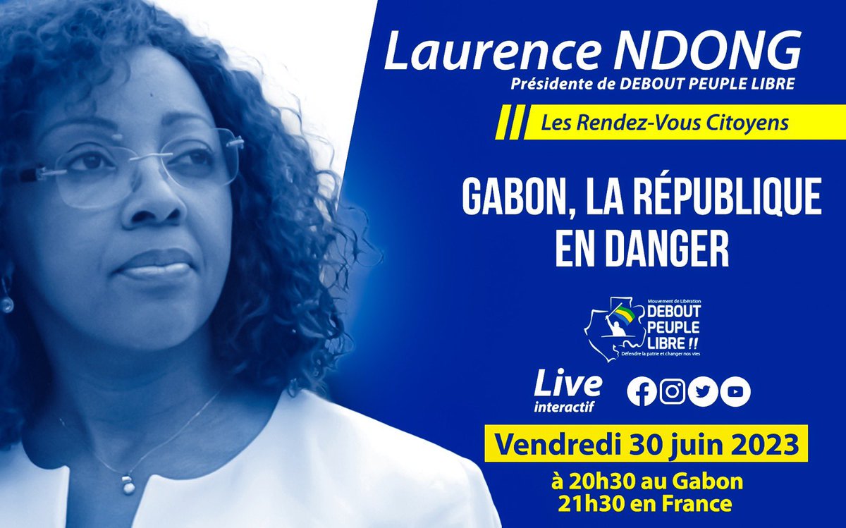 laurylndong's tweet photo. #Gabon23 C’est aujourd’hui que nous nous retrouvons pour notre rendez-vous citoyen, à 20h30 au Gabon et 21h30 en France, sur ma page Facebook et ma chaîne YouTube. C’est un live interactif. Je répondrai à vos questions. #OnNeLâcheRien #DeboutPeupleLibre #DéfendreLaPatrie https://t.co/zzHt8X6rVX