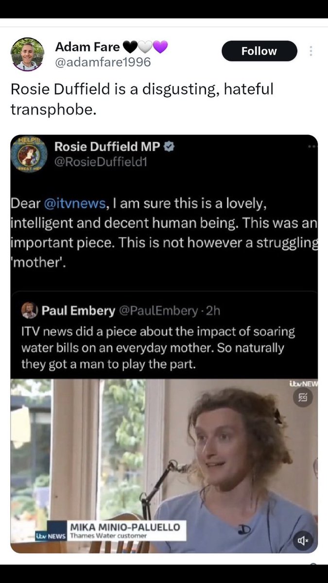 DreyfusJames's tweet photo. Man makes a factual observation.

Woman makes same factual observation.

Men spend hours &amp; hours screaming abuse at woman.

Still think this is nothing to do with some men’s utter loathing for strong women?

Misogyny writ large. 

#IStandWithRosieDuffield https://t.co/Bu8VD6jvwp