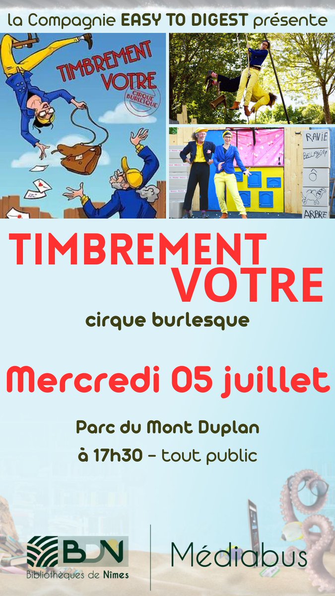 nimes's tweet photo. 📚 Les actus du #Mediabus
📆 Tournée d'été du 3 au 21/07 pour profiter d'un large choix de livres pour tous les âges, BD, CD, DVD et presse
📆 🎪 Spectacle de cirque burlesque "Timbrement vôtre" mercredi 05/07 à 17h30 au parc du Mont Duplan
💻 + d'infos 👉 https://t.co/FfFA3DpLlu https://t.co/ZQruzfTrhg