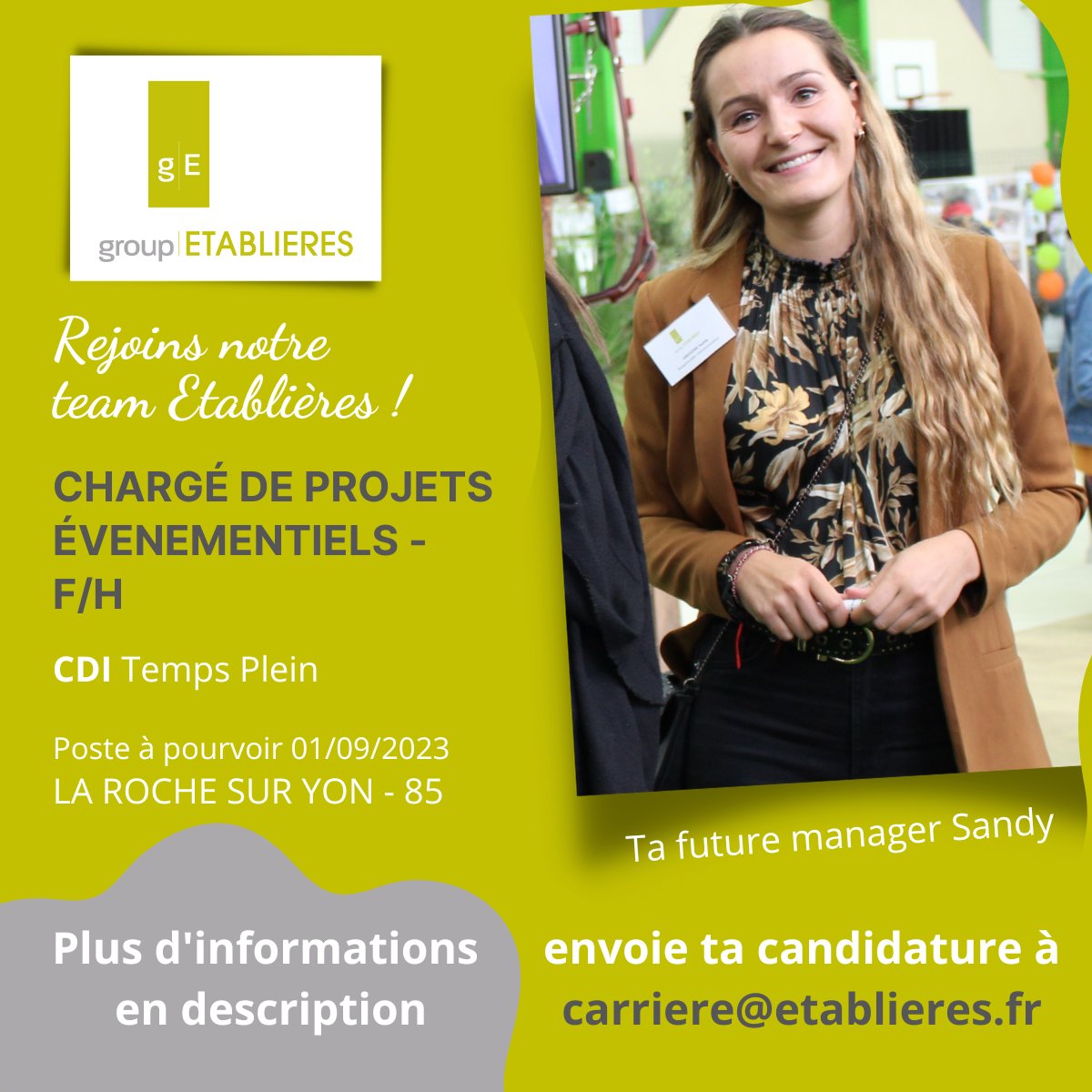 [OFFRE D'EMPLOI] 👩‍💻 Chargé(e) de projets événementiels (F/H) en CDI
👉 Le groupe Établières recherche un #chargedeprojet #evenementiel (F/H) en CDI à #larochesuryon   .
👉 Lien pour l'annonce : etablieres.fr/le-groupe/trav…
✒️ Devenez Établiens 😀
#offredemploi #CDI #larochesuryon