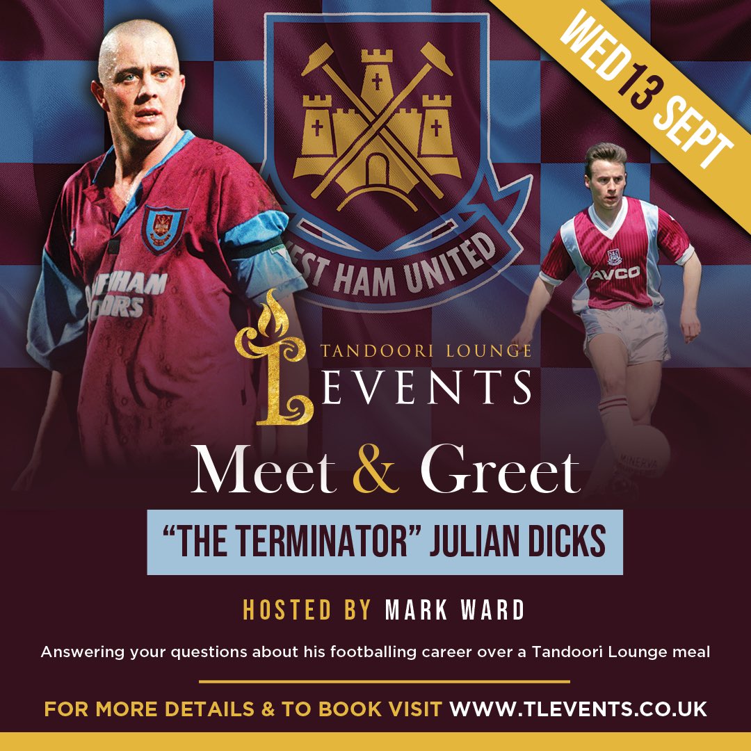 TandooriLounge's tweet photo. ‘The Terminator’ Julian Dicks with be at Tandoori Lounge on Wednesday 13th September for a Meet and Greet Dinner hosted by Mark Ward.
For more details and book visit https://t.co/n2COgNVogR
#westham #juliandicks #markward #hornchurch #football #whu #WHUFC #restaurant #irons https://t.co/ZgLN4Zv7E2