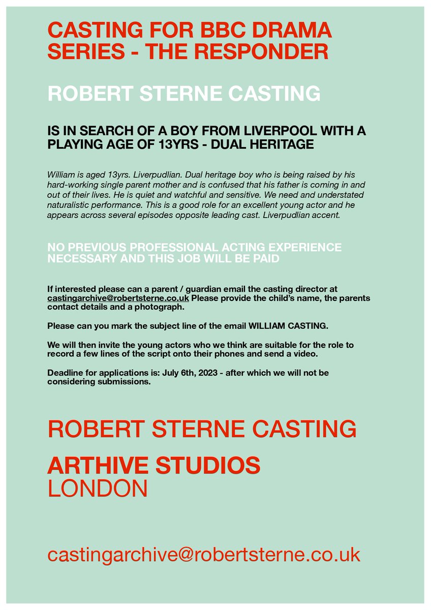 CASTING CALL 📢 

Robert Sterne Casting are looking for a young boy from Liverpool, with a playing age of 13, to feature in the new series of The Responder 🚔

⏰Deadline is Thursday 6 July
ℹ️No previous professional acting experience necessary

#FilmLiverpool 📽️ #CastingCall